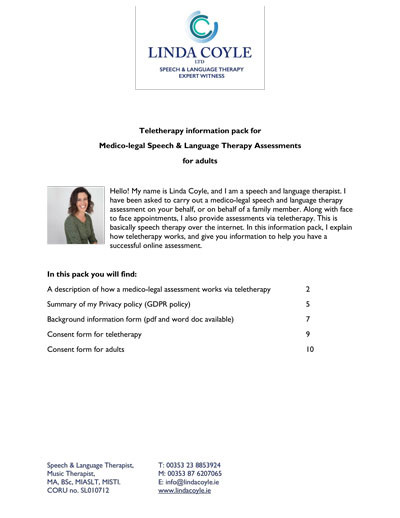 Cover of teletherapy information pack for adults and next of kin
